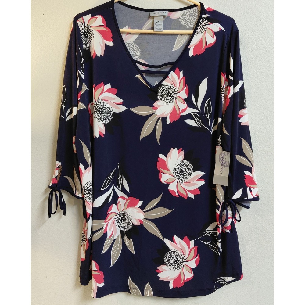 Catherines Women's 1X Floral Tunic Top Navy Pink 3/4 Tie Sleeve V Neck NWT